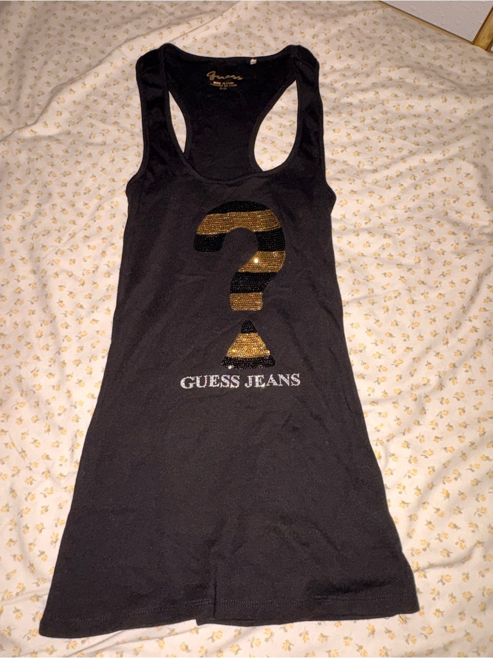 Guess Black Tank with Gold Sequin Question Mark